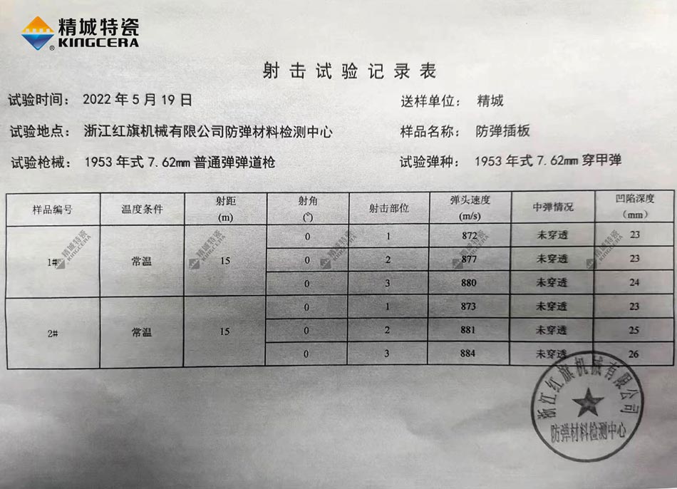 澳门永利最新登录入口氧化铝防弹插板射击试验记录